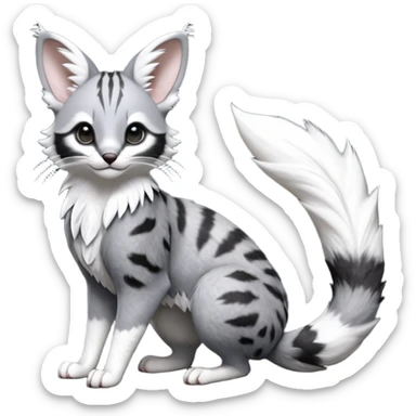 stormcell charcoal fur crackling with silver frost-veins and ghost-dust sheen Hyper-realistic beautiful elegant pretty precious cute  Fakémon-Pokémon-opossum-feline-serval-caracal-chinchilla-Furret-Minccino-hybrid-creature with a big fluffy bushy tail (full body) sticker