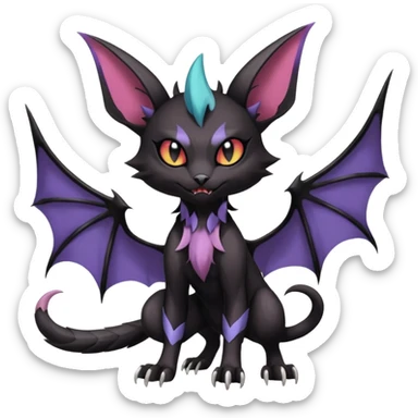 dark spooky badass cool shiny glossy smooth soft Black edgy Noivern-Noibat-Purloin-Torracat-Lykoi-Caracal-cat-Fakemon-fusion-hybrid-creature with bat wings on head as ears, big fangs, gothic markings sticker
