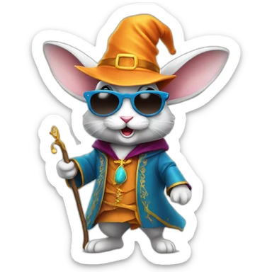 crazy rabbit in sunglasses and wizard outfit and hat, full body sticker