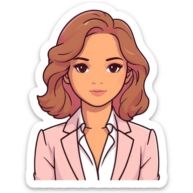 A 30-year-old woman with tanned skin, light brown long wavy hair, delicate face, almond-shaped eyes with smoky foxy eye makeup, brown eyes, wearing a light pink blazer and white satin cowl neck blouse with thin straps sticker