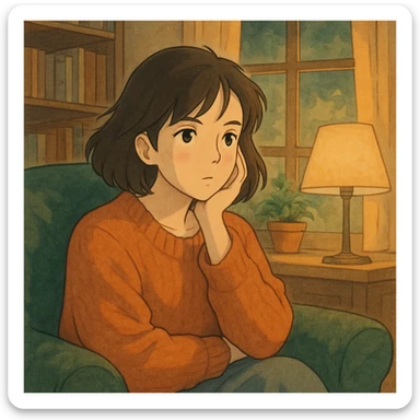 ghibli style illustration of a woman with thoughtful expression, cozy at home, soft lighting, main character energy sticker
