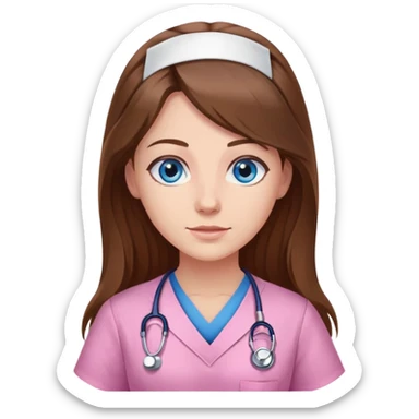 Nurse with long brown hair and blue eyes, pink tunic sticker