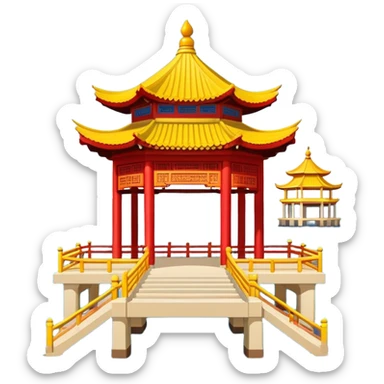 Qingdao Zhanqiao Pier with pavilion over sea, simplified emoji style with bold outlines and bright colors, cartoon style traditional Chinese pavilion on pier sticker