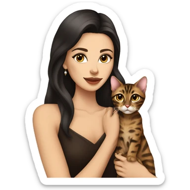 Beautiful skinny woman long dark brown hair in dark dress with earrings hug bengal cat sticker