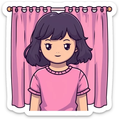 White girl with chest length black wavy hair with curtain bangs, gray eyes, wearing a pink top sticker