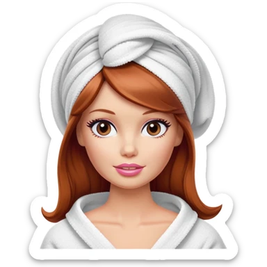 A Barbie face with shoulder-length reddish brown hair, makeup with cream on face and a towel on her head sticker