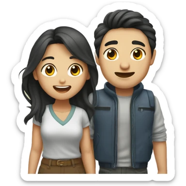 Cute Asian couple (girl with wavy long hair guy with short straight hair) excitedly traveling  sticker