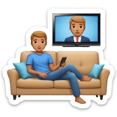 A man photographed from behind, sitting on a sofa and watching the news on TV on a modern flat screen. The setting is a living room. sticker