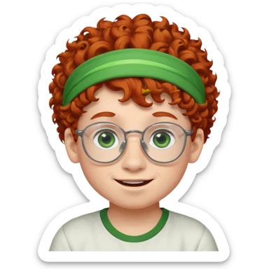 redhead kid with unique face features and very curly hair kid boy happy and big glassess and big nose and very green eyes and headband sticker