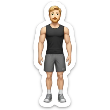 Full height Pale skinned fit man With biceps, Realistic eyes and mouth, light brown hair and stubble In dark gray sleeveless mike, black oversize sports shorts, watch and white sneakers. sticker