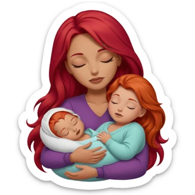 White woman with long red hair and makeup holding one sleeping baby sticker