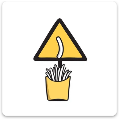 yellow warning road sign, a single french fry being dropped into a bag containing a few other fries, hand drawn doodle style sticker