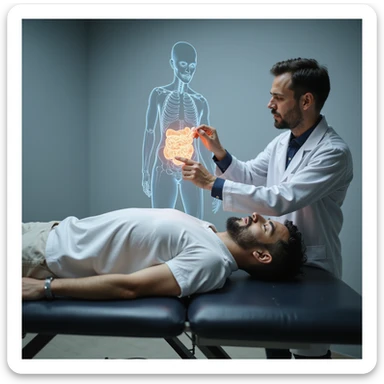 Italian man lying on medical examination table, doctor pointing to abdominal fat areas on transparent anatomical illustration, realistic style, vertical 9:16 aspect ratio sticker