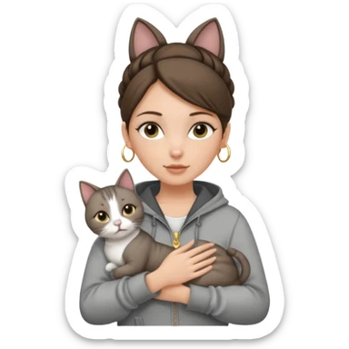 a white girl with brunette hair in a one single bun holding a grey cat. the girl has long lashes and has on a grey zip up that is half way zipped and has a hood and under a white shirt and gold jewelry that is gold bracelets. sticker