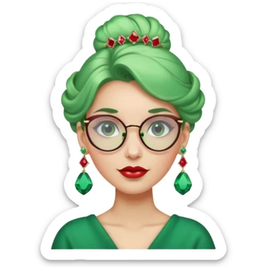 gem lover woman with gem accessories excessive amount gem glassess very big gem earrings green bun hair and red diamonds sticker
