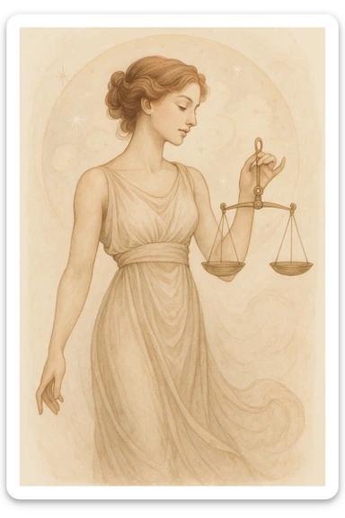 Libra woman, graceful pose, scales in hand, astrological, no text sticker