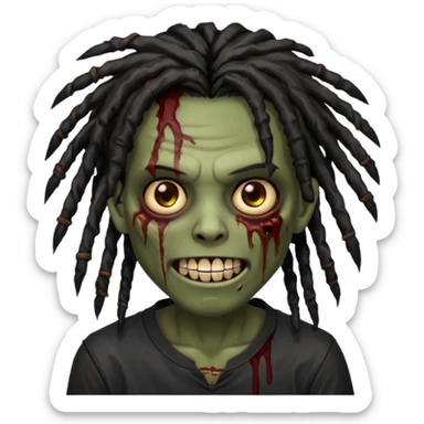 zombie with brown skin, messy black dreads hair, wide centered brown eyes, dark bloody marks under the eyes, and a smile showing shiny metal teeth,black shirt, giving a distressed, undead look. sticker