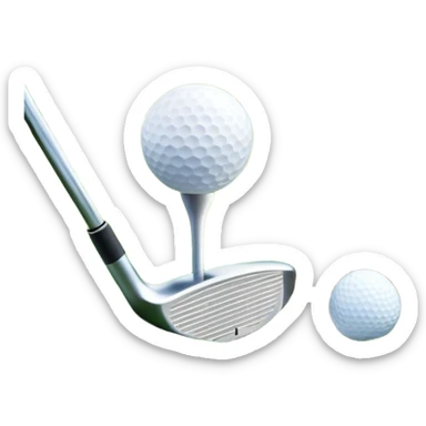 A golf ball on a tee, with a golf club placed beside it on the lush green fairway. The background shows a serene golf course with neatly trimmed grass and a clear blue sky, emphasizing the elegance and precision of the game. sticker