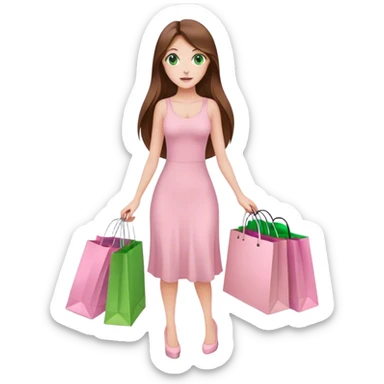 pretty white woman with very long brown hair and green eyes and light pink outfit holding a ton of shopping bags sticker