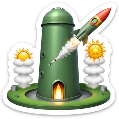 green landscape with sun in top of the background, there is a missile silo hatch open, and the top two thirds of a nuclear missile launching out of the silo is shown sticker