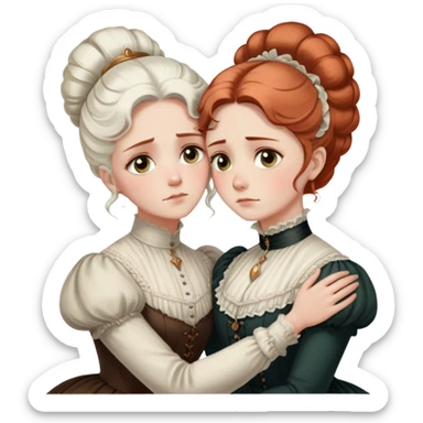 Two Victorian women with light eyes, one with white coiffed hair and one with copper coiffed hair, wearing Victorian high-neck dresses, embracing in a sad intimate hug sticker