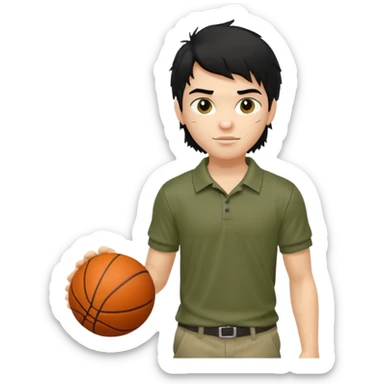 generate a pretty fair bratz boy with a long messy mullet (black hair), carrying a basketball in one hand. Smirking .  Wearing an olive polo shirt. Lean but biceps sticker