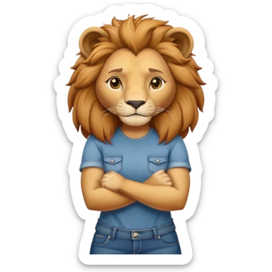 female anthropomorphised lion character standing confidently with arms folded wearing jeans and a t-shirt sticker