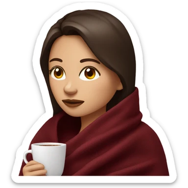 Brunette girl inside a maroon blanket sipping coffee eyes closed sticker