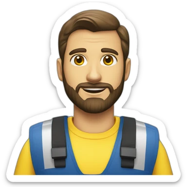 Ikea coworker blue eyes beard manager man blue stripes t-shirt and yellow security vest sticker