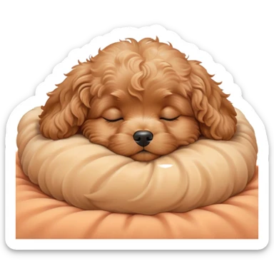Cinematic cute Sleeping Cavoodle Portrait Emoji, cute and serene, with a round, cuddly build and a soft, curly apricot coat with subtle white patches, eyes gently closed in peaceful slumber, Simplified yet irresistibly endearing features, highly detailed, glowing with a gentle, dreamy glow, high shine, relaxed and content, stylized with a touch of whimsy, bright and heartwarming, soft glowing outline, capturing the essence of a blissfully sleepy companion, so comically serene it feels like it could roll out of the screen and snore with adorable charm! sticker