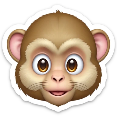 Cinematic Cute Macaque Portrait Emoji, Head tilted playfully and inquisitively, with a charmingly mischievous face accented by soft, fuzzy fur and round, sparkling eyes filled with curiosity, Simplified yet irresistibly adorable features, highly detailed, glowing with a warm, friendly glow, high shine, affectionate and lively, stylized with a touch of primate whimsy, bright and endearing, soft glowing outline, capturing the essence of a playful macaque that seems as if it could jump out of the screen into your arms! sticker
