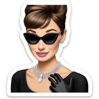 A single, simple and basic emoji of cute, smiling Audrey Hepburn from Breakfast at Tiffany’s wearing black dress, black gloves, black sunglasses, sliver necklace, and light pink lipstick  sticker