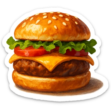 В слега рисованном, но при этом ярком и объемном стиле сгенерируй картинку сочного американского бургера, профессионально выставленный свет, который подчеркивает объем, прозрачный фон sticker