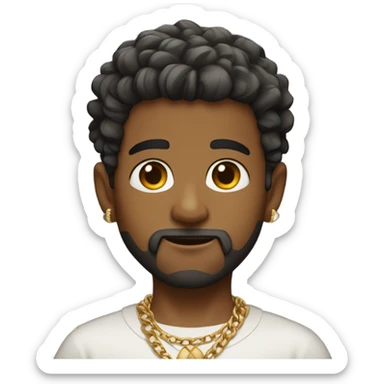 indian boy, with low taper fade and fluffy hair, , and a started beard, wearing gold chains, with earing.\ sticker