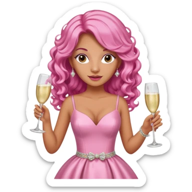 One lady with long pink curled hair and tan skin holding two pink champagne glasses sticker