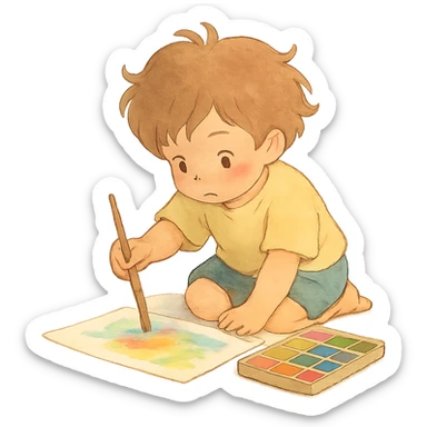 ghibli style illustration of a child painting with soft colors sticker