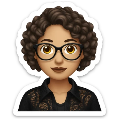 Hispanic woman with black glasses and long brown curly hair holding yarn wearing a black lace shirt sticker