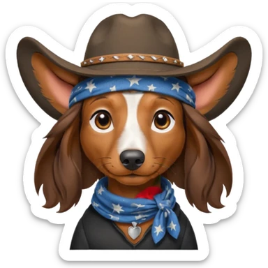 mostly black with some brown long hair daschund with a cowboy hat, ears curl out a bit and bandana sticker