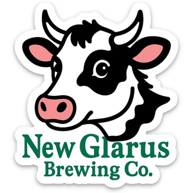 Change the cow on the close-up New Glarus Spotted Cow beer label to black and white, keep the green background and 'New Glarus Brewing Co.' text, no background. sticker