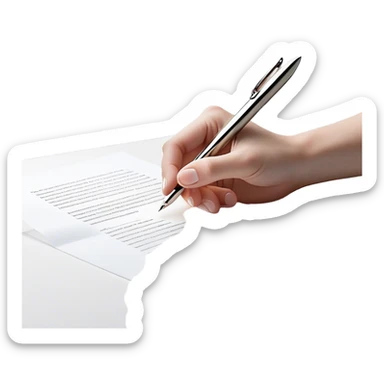 A glowing, slightly transparent hand—representing the future self—emerges from a piece of paper, offering a pen to the present self. The present self’s hand, solid and real, reaches out to take it, symbolizing the moment of choosing action over procrastination, guided by the future self’s wisdom. sticker