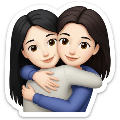 A lesbian couple with white skin and long black and brown hair hugging intimately sticker