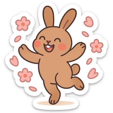 pale brown bunny spinning with flower petals around, pastel-toon style sticker
