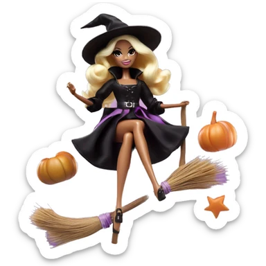photogenic silkstone Barbie witches enchanted TV series floating gently on broomsticks sticker