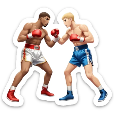 Two professional boxers in the ring, fighting for the world champion title. One delivers a long punch to the head, while the other skillfully dodges. The background features a crowded arena with bright lights and intense action. Transparent background sticker