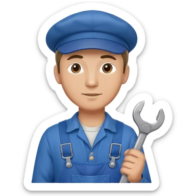 Russian male factory worker wearing overalls and a flat cap holding a wrench sticker