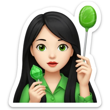 A girl with long black hair holding a piece of green hard candy in one hand and a green candy wrapper showing a guava on it in the other hand sticker