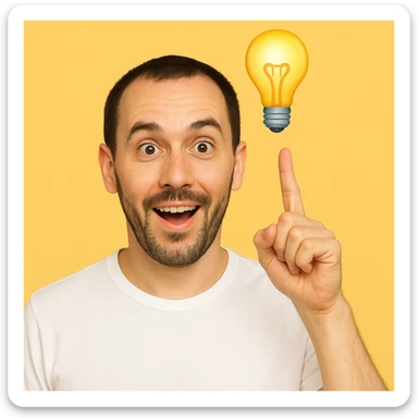 Based on these photos, make an emoji with facial features preserved, man in white t-shirt, got an idea, light bulb over head sticker