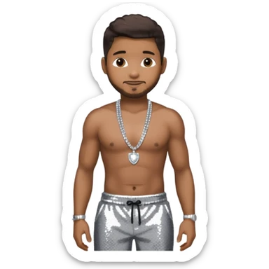 Usher with dark brown hair, black sequin baggy pants, shirtless with necklace sticker