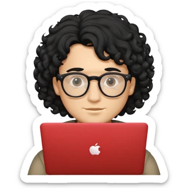 guy with wavy kinda curly black hair and light-to-medium skin tone like latino, half white and brown and glasses, with a macbook sticker