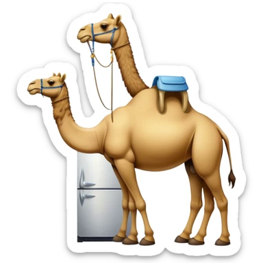 An appliance hybrid with a refrigerator body, a long-necked camel head emerging from the top, and four camel legs with hooves wearing yellow-brown Timberland boots sticker